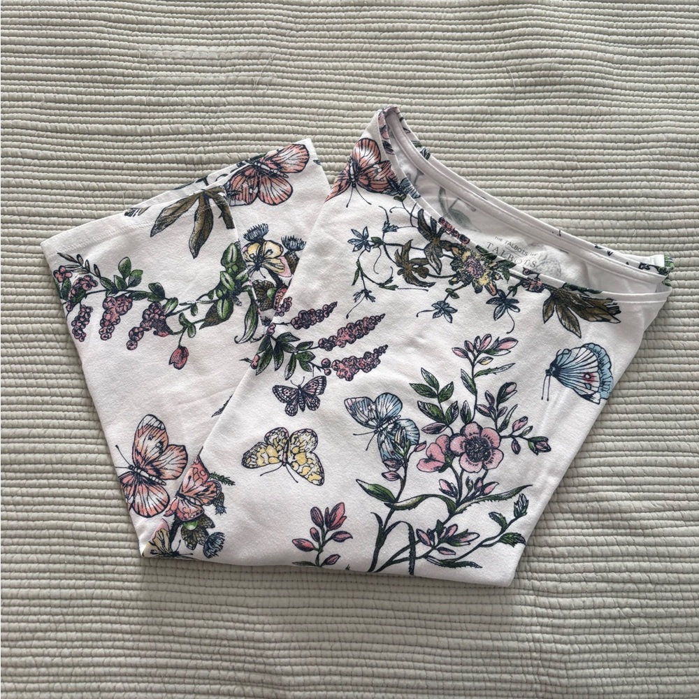 Talbots Cotton Butterfly Floral White Shirt Sz Large